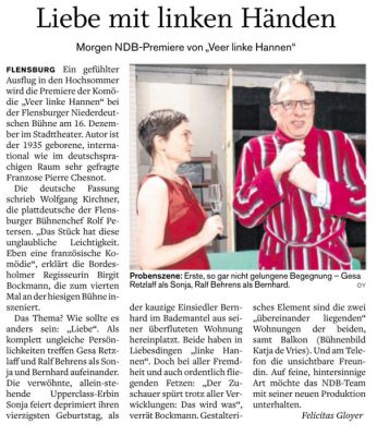 Vorbericht zu "Veer linke Hannen" im Flensburger Tageblatt